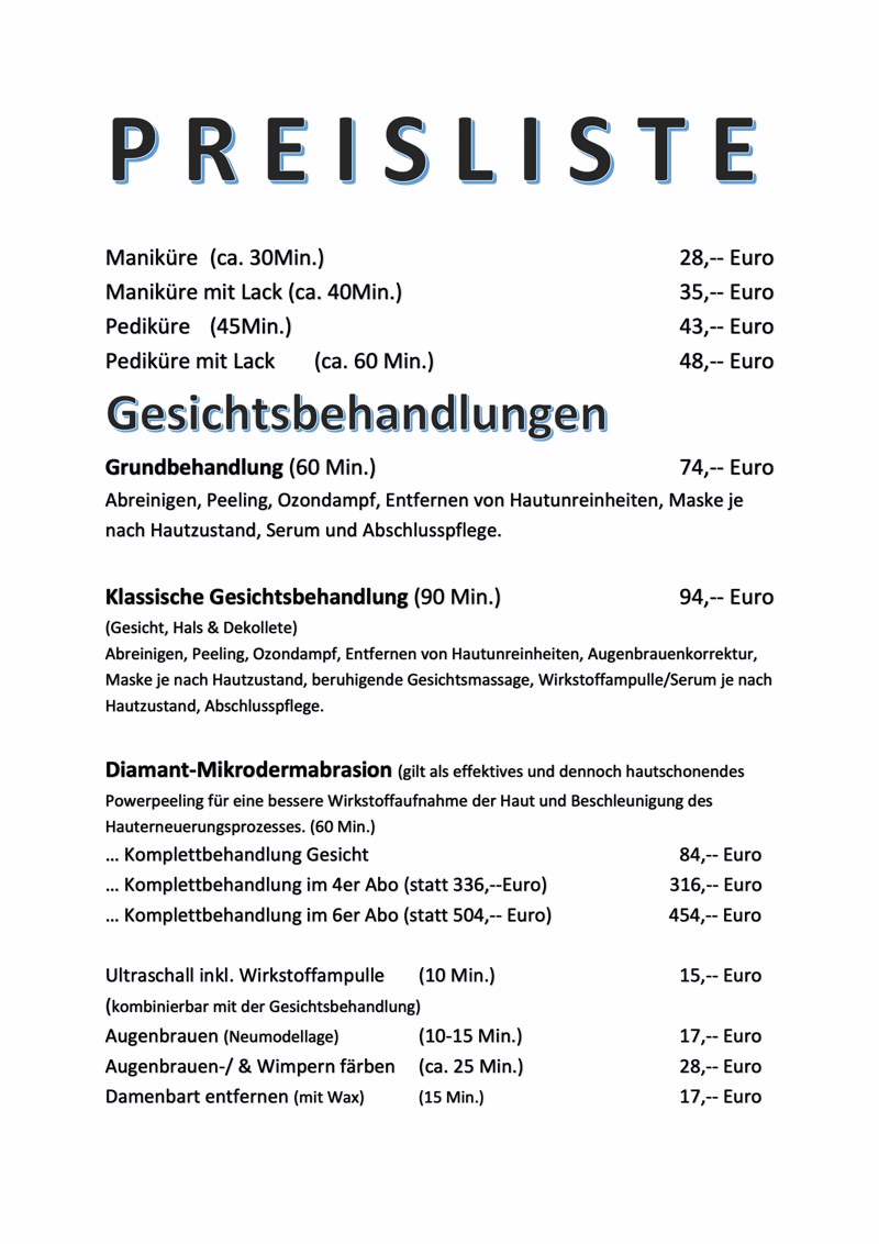 Aktuelle Preisliste Kosmetikkabine Aktuelle Preisliste Kosmetikkabine